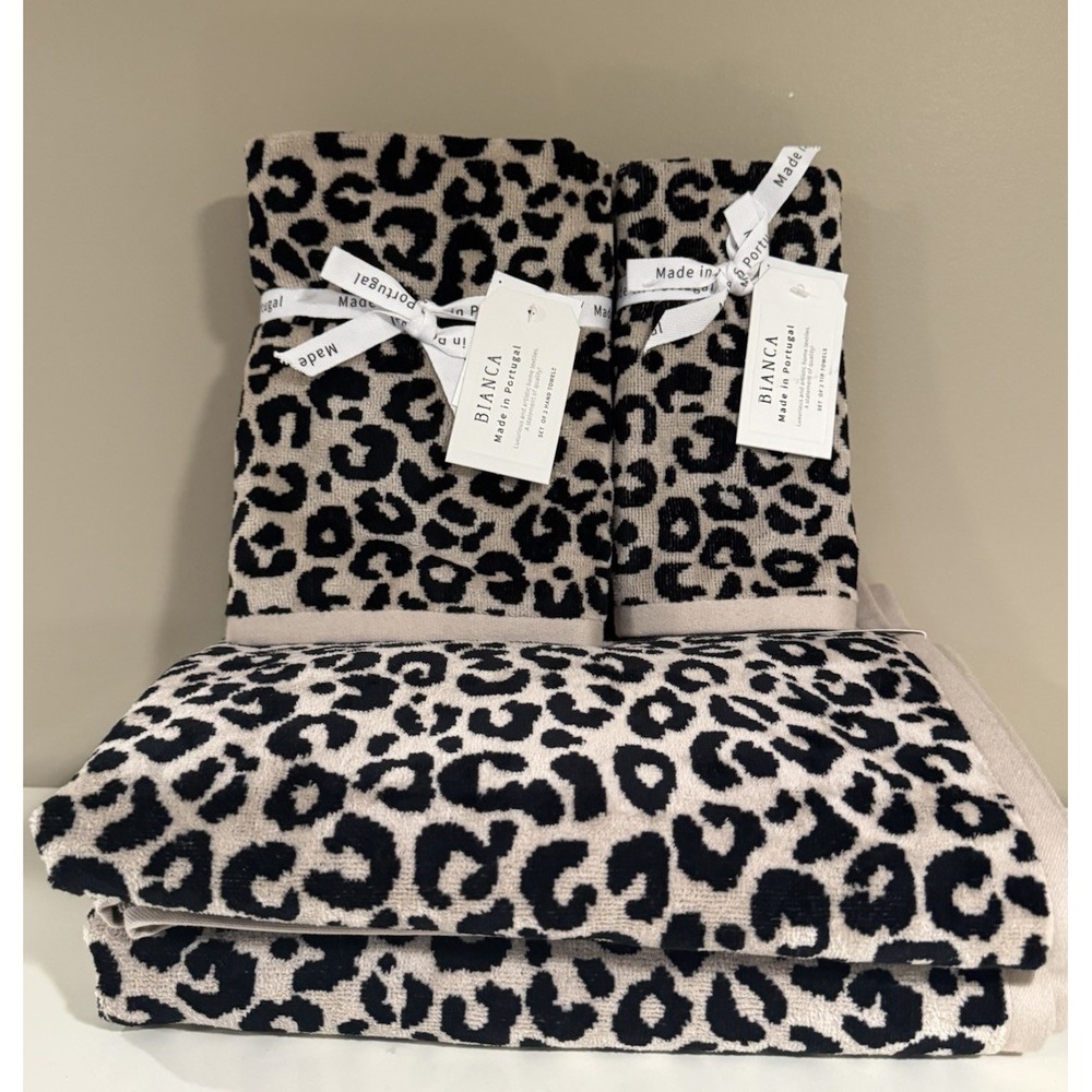 New Bianca Luxe Cheetah Leopard 6 Pc Towel Set Black Taupe (2 Bath 2 Hand 2 Tip)